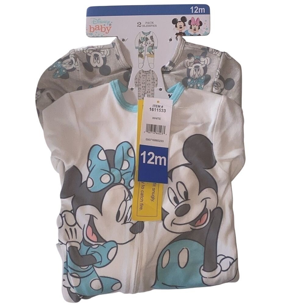 Disney Baby Mickey Minnie Mouse 2 Pack Footed Sleeper Pajamas White Grey 12M New - Picture 2 of 9